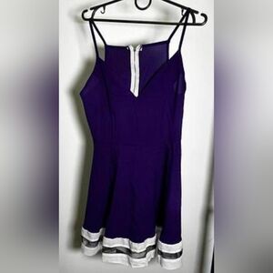 purple&white fit&flare dress, sleeveless design, white zipper& Hem Size Small